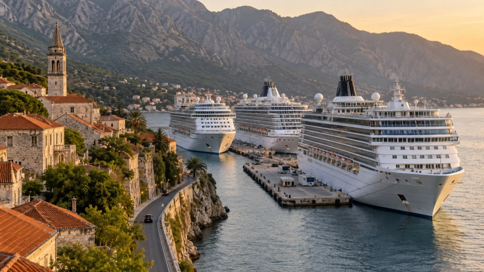Cruise ships beside an old town with limited waterfront road access