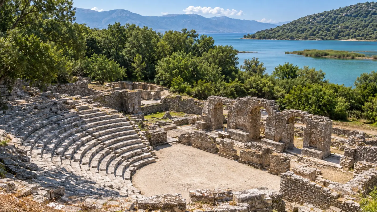 Ancient stone theater and ruins among trees at Butrint