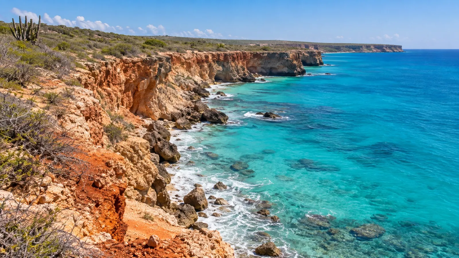 Rocky arid Cabo Rojo coastline above turquoise Caribbean water