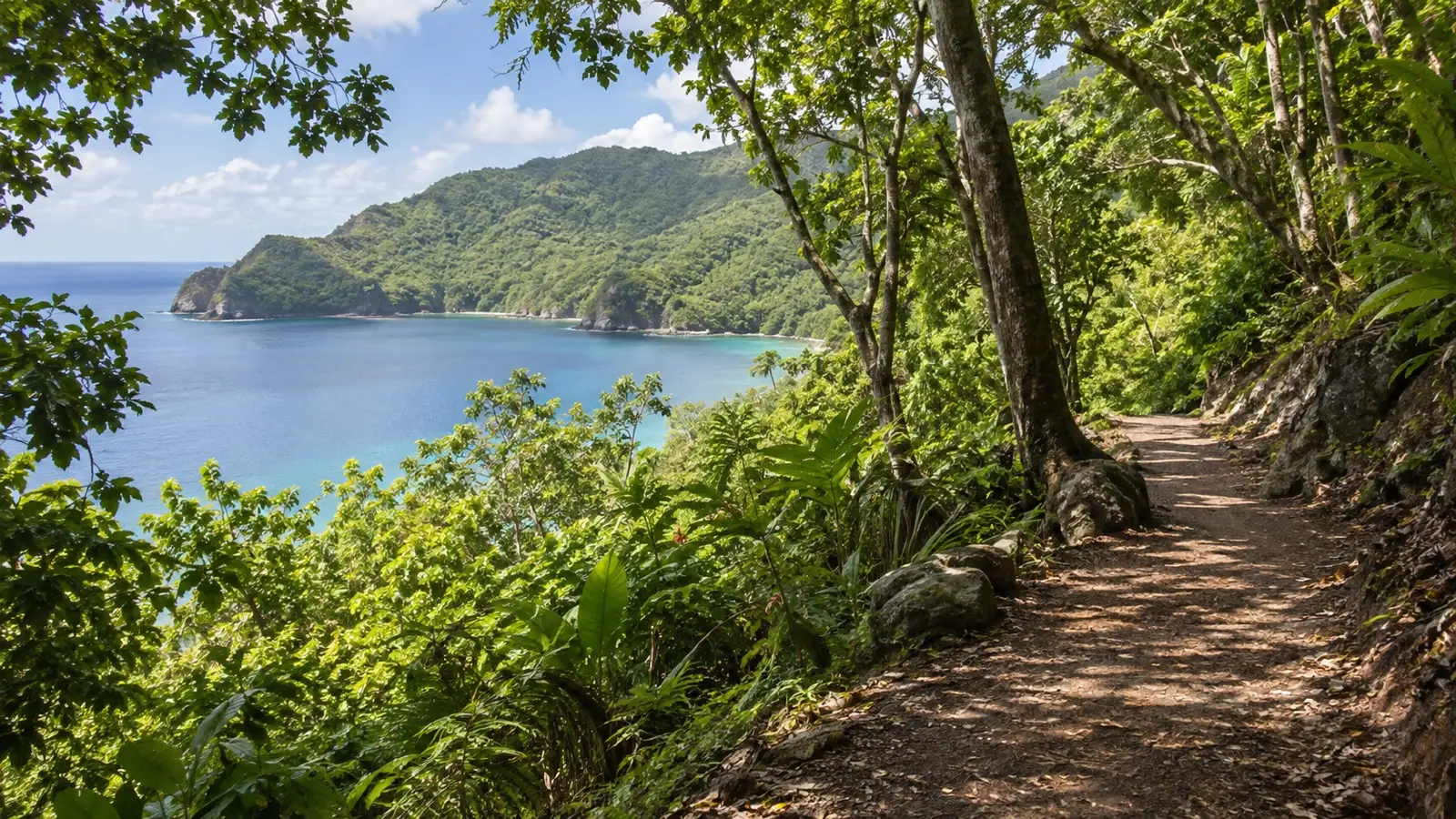 Lush forest trail and coastal hills in Cabrits National Park Dominica