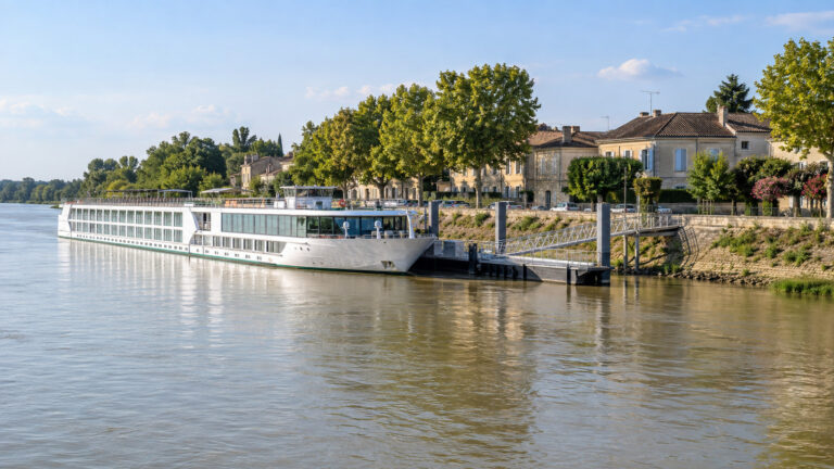 River cruise ship at a Garonne landing in Cadillac-sur-Garonne, France