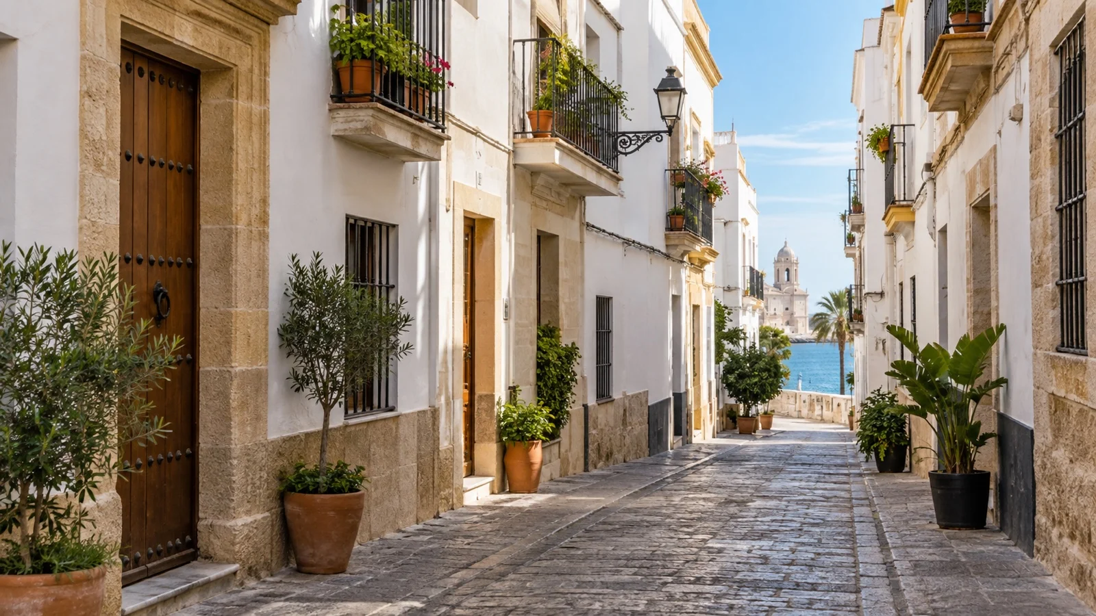 Quiet narrow Cádiz old town lane with small affordable hotel facades and white Andalusian buildings