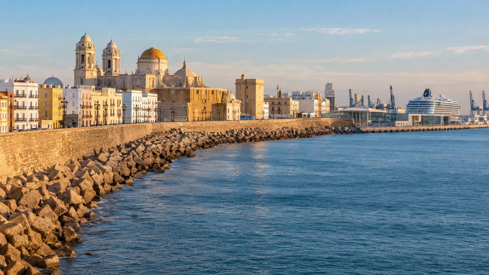 Panoramic Cádiz waterfront and old town with the cathedral, city hotels and cruise harbor