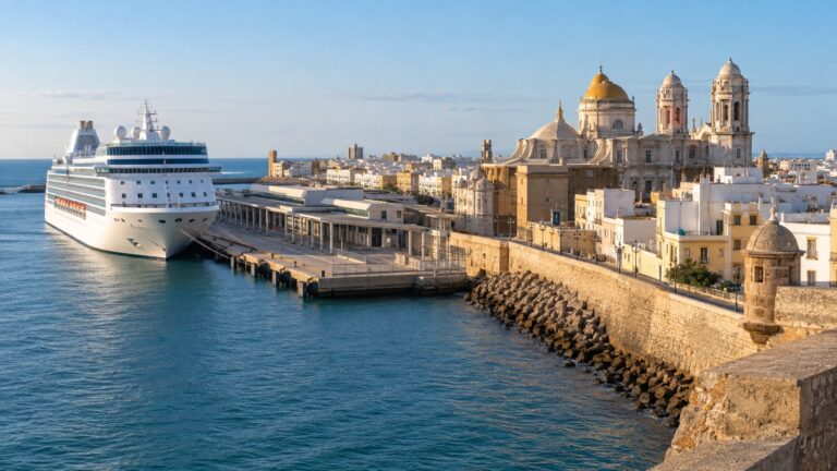 Cádiz cruise terminal with a white cruise ship docked beside the historic old town on the Atlantic coast
