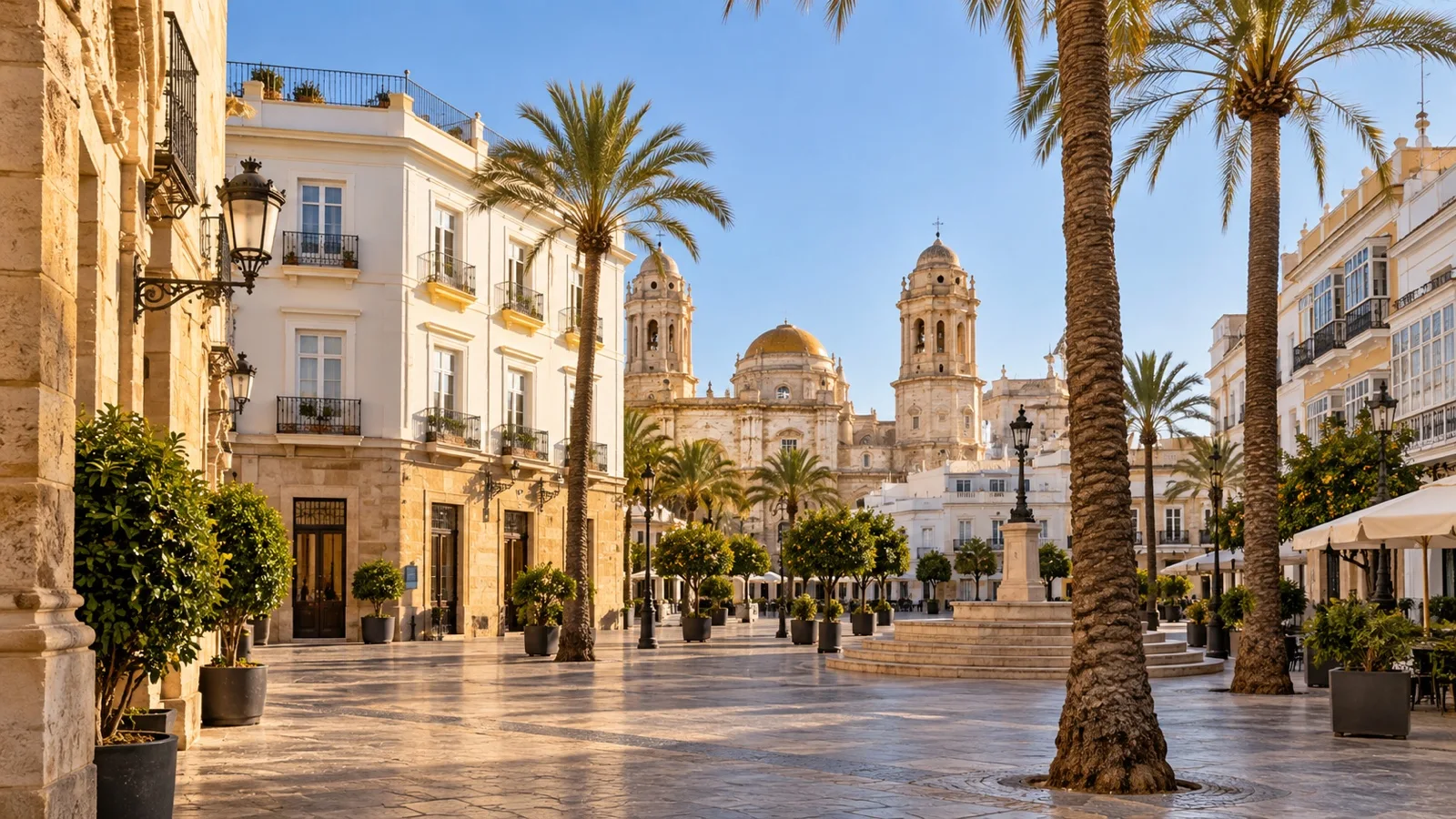 Cádiz old town square with midrange boutique hotel buildings, palms and warm Spanish light