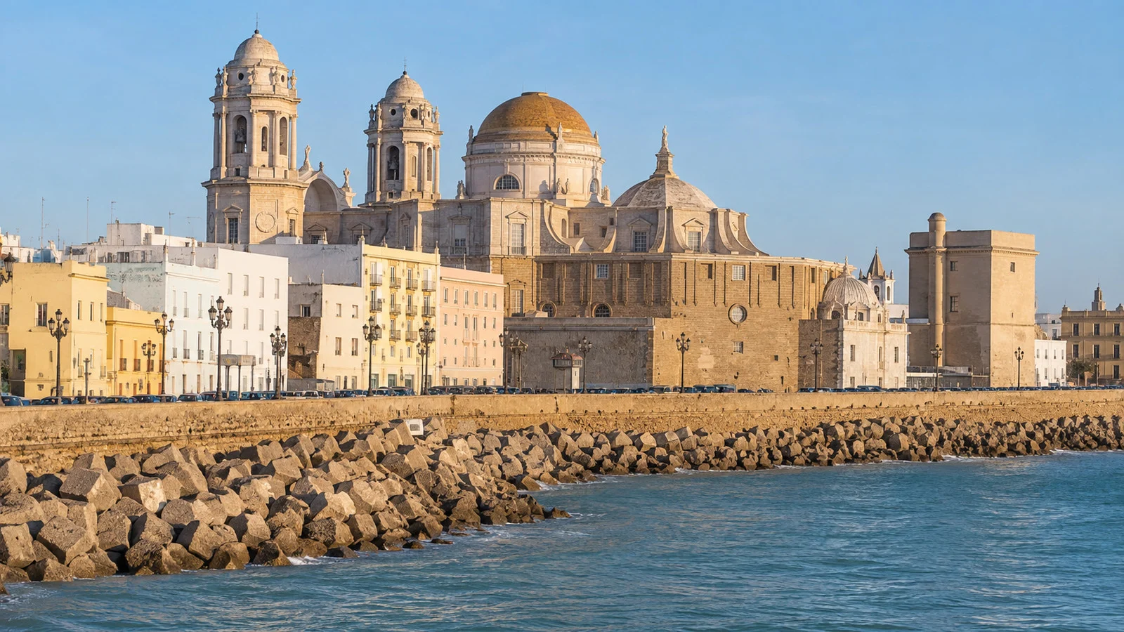 Cádiz Cathedral above the port quays
