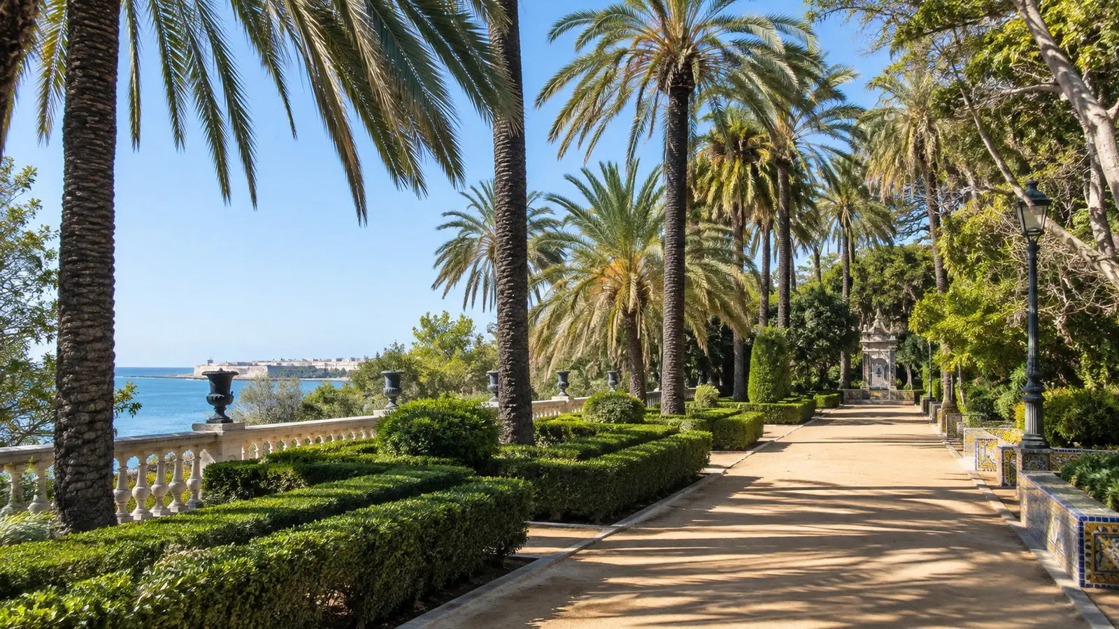 Palm-lined paths of Parque Genovés in Cádiz