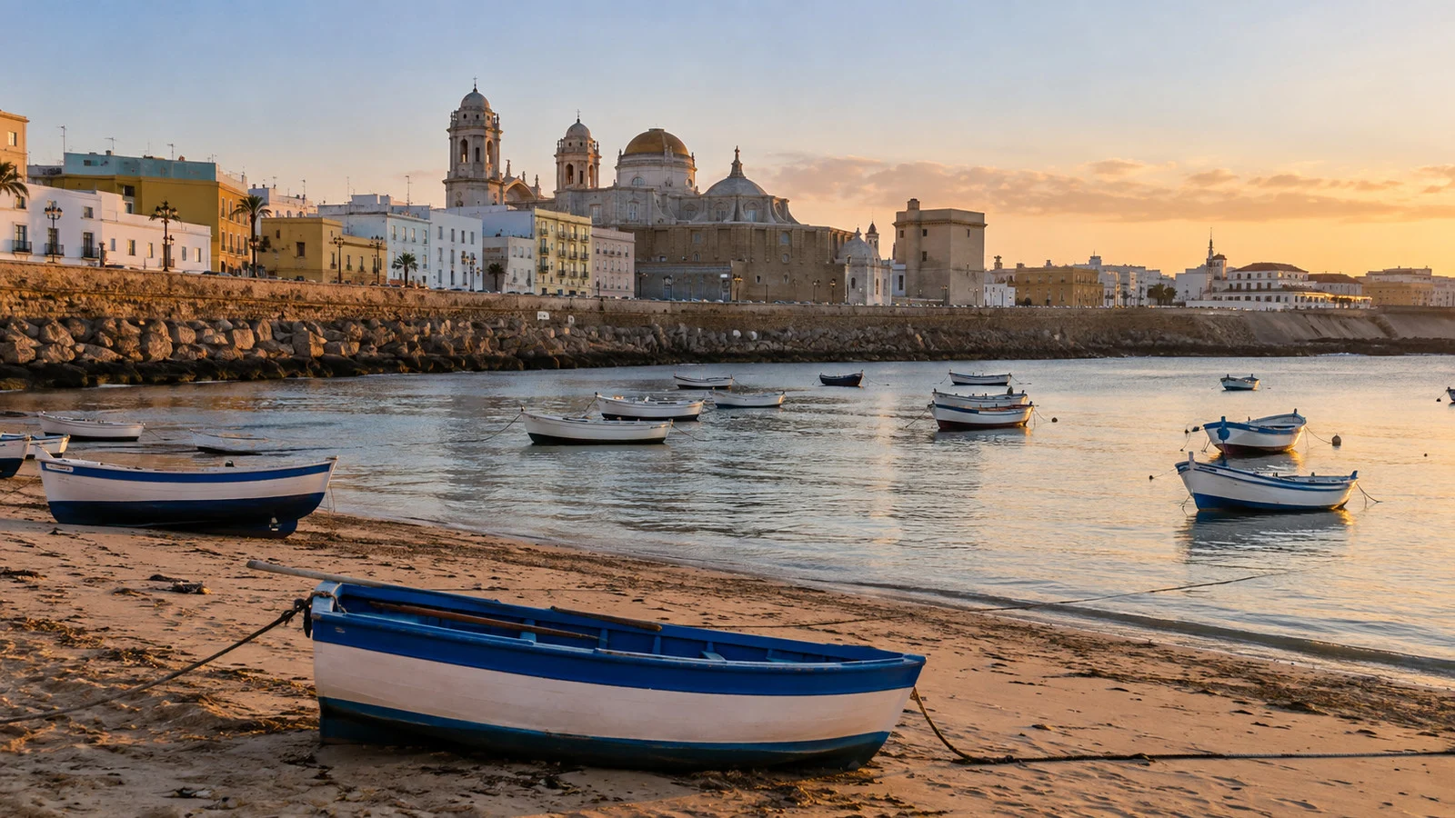 Small boats at La Caleta beach in Cádiz