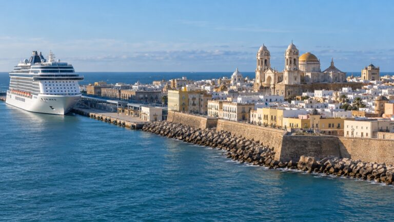Cruise ship by Cádiz old town and cathedral on the Atlantic