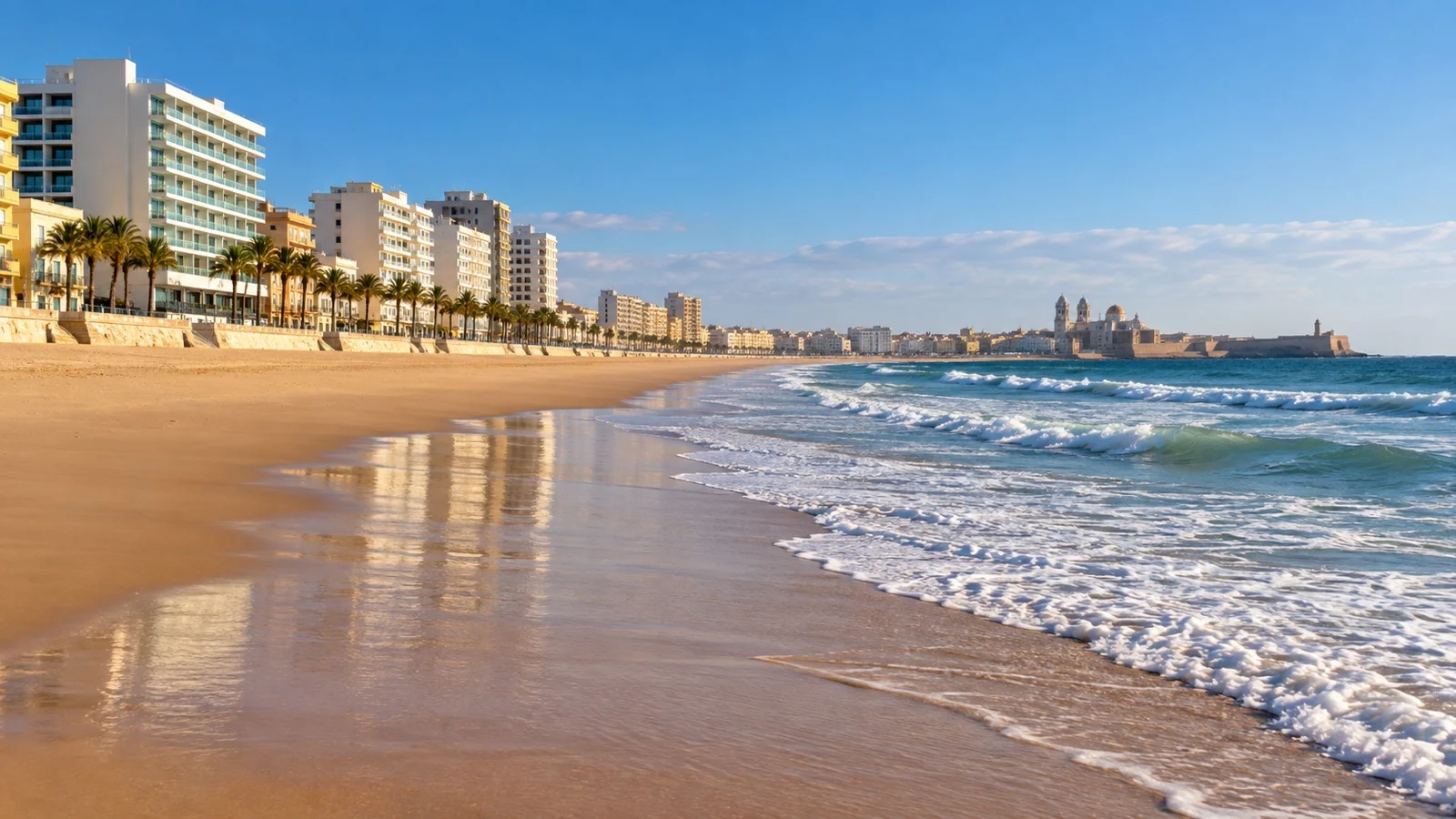 Playa de la Victoria in Cádiz with seaside hotels, broad golden sand and Atlantic surf