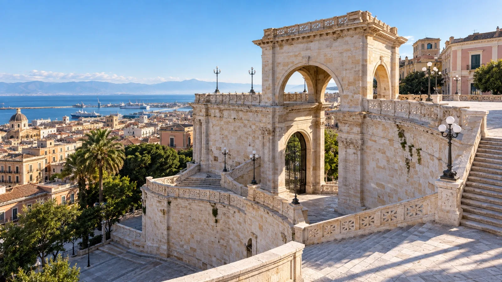 Bastione di Saint Remy terrace and stone arches overlooking Cagliari