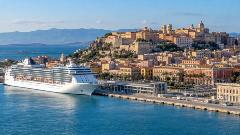 Cagliari cruise port with a white cruise ship docked below the historic hilltop Castello district and Mediterranean bay