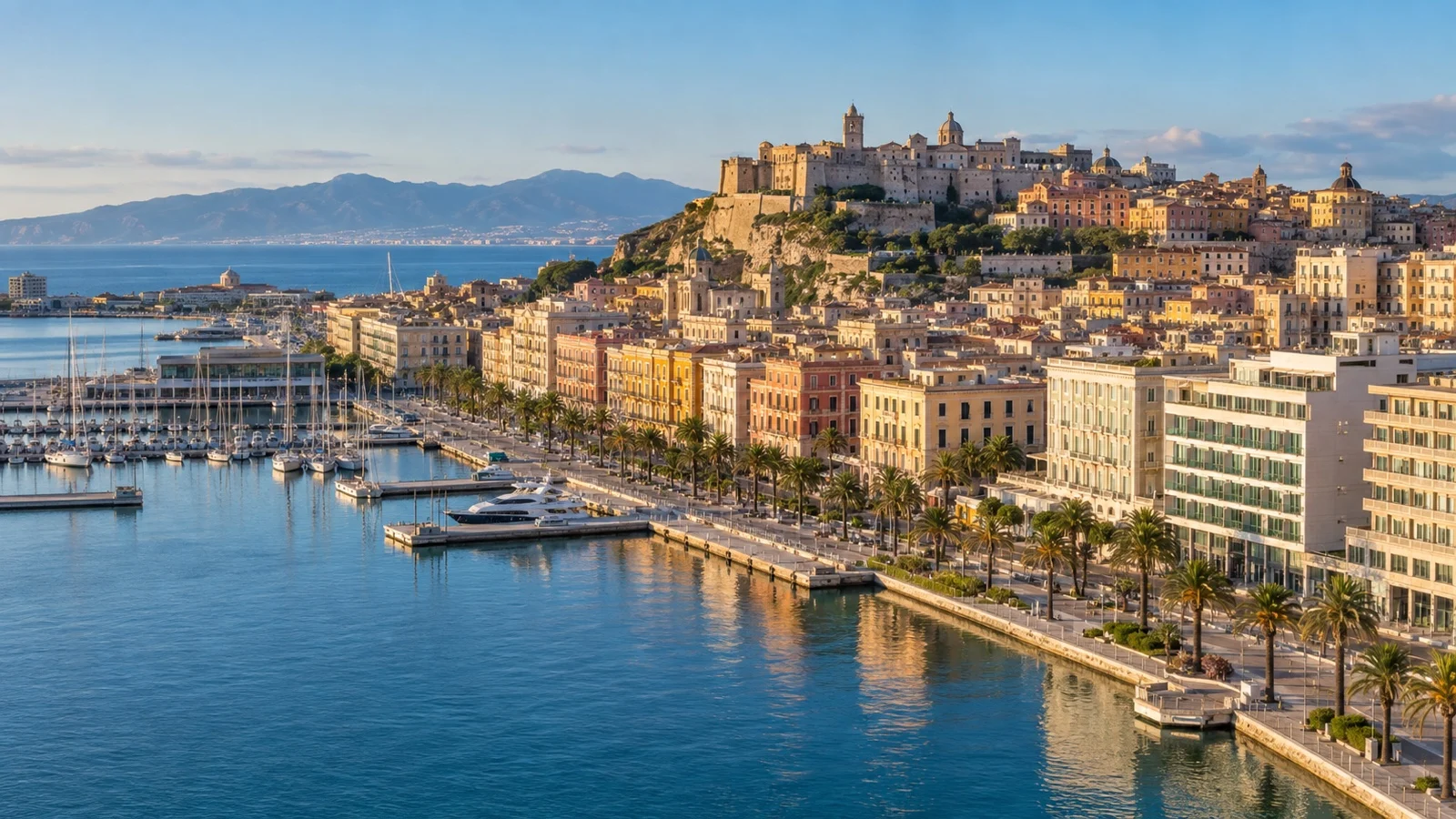 Panoramic Cagliari harbor, Castello hill and hotel districts beside the sea