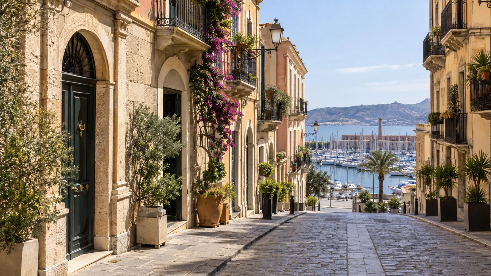 Marina district street in Cagliari with practical small hotels and Sardinian stone facades