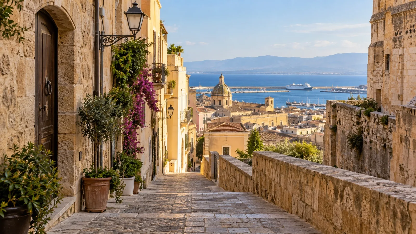 Stone lane in Cagliari Castello with a view toward the waterfront