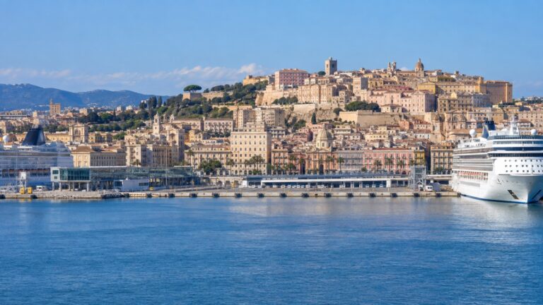Cagliari cruise port waterfront with ships and the hilltop Castello district