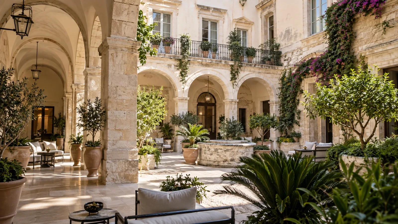 Elegant restored palazzo hotel in Cagliari with stone arches and Mediterranean courtyard