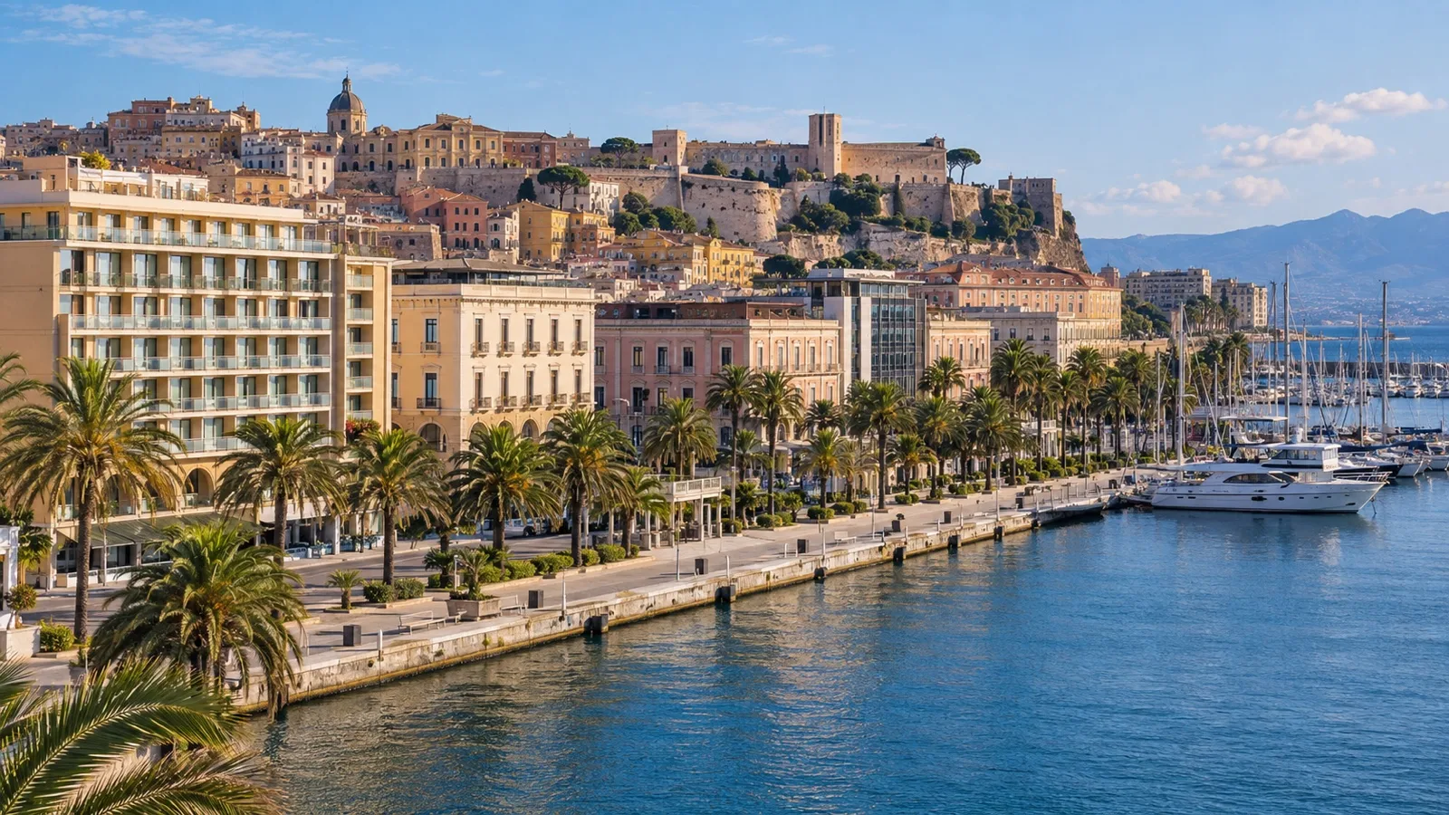 Central Cagliari waterfront with midrange hotel buildings, palms and harbor views