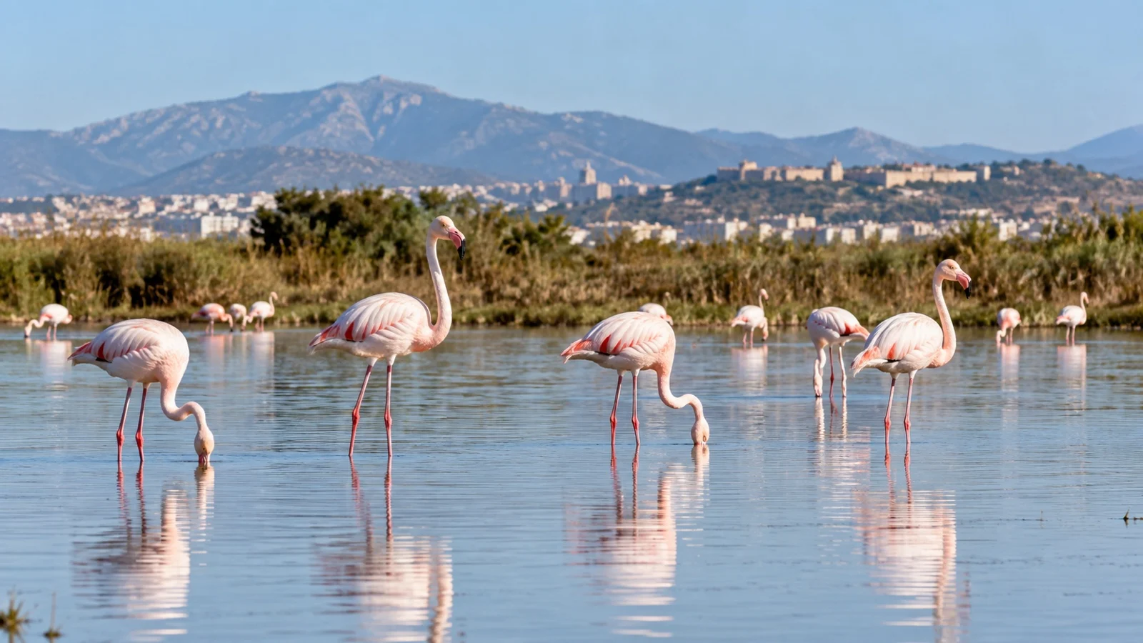 Pink flamingos wading in the Molentargius wetlands near Cagliari