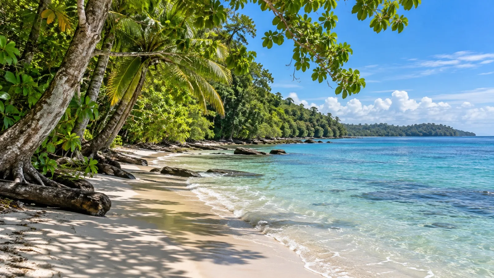 Rainforest trees and Caribbean beach in Cahuita National Park