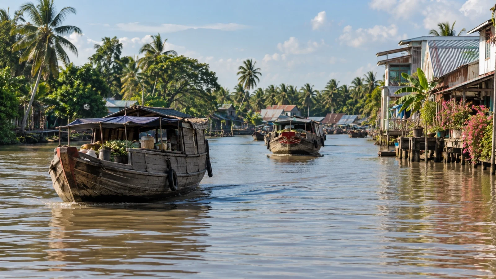 Cai Be waterways and riverside village in Mekong Delta