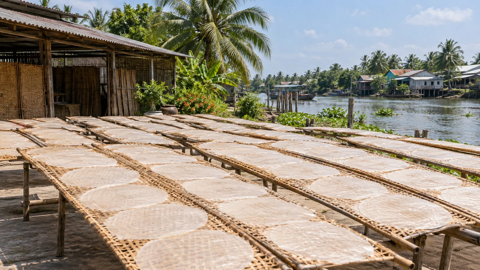 Rice paper drying racks at a Cái Bè village workshop without people