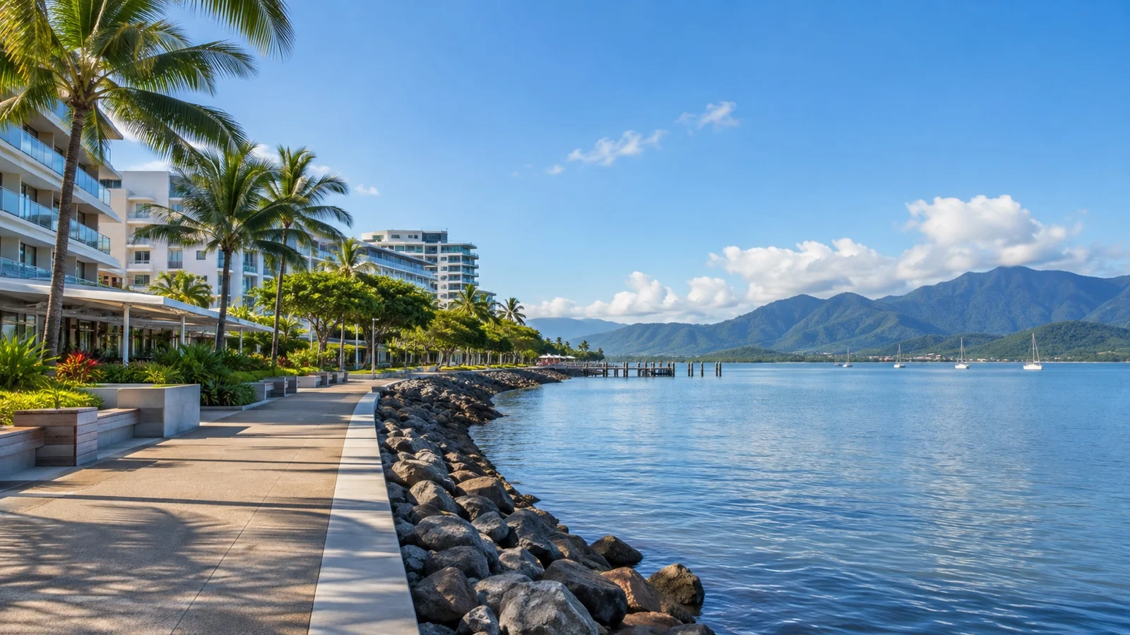 Cairns Esplanade waterfront with modern hotels, palms and views over Trinity Bay