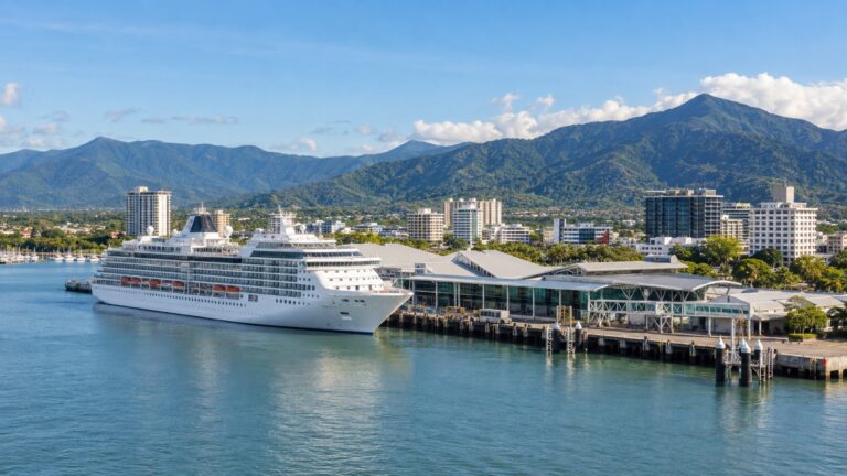 Cairns Cruise Liner Terminal with a white cruise ship docked on Trinity Inlet, tropical mountains and city behind