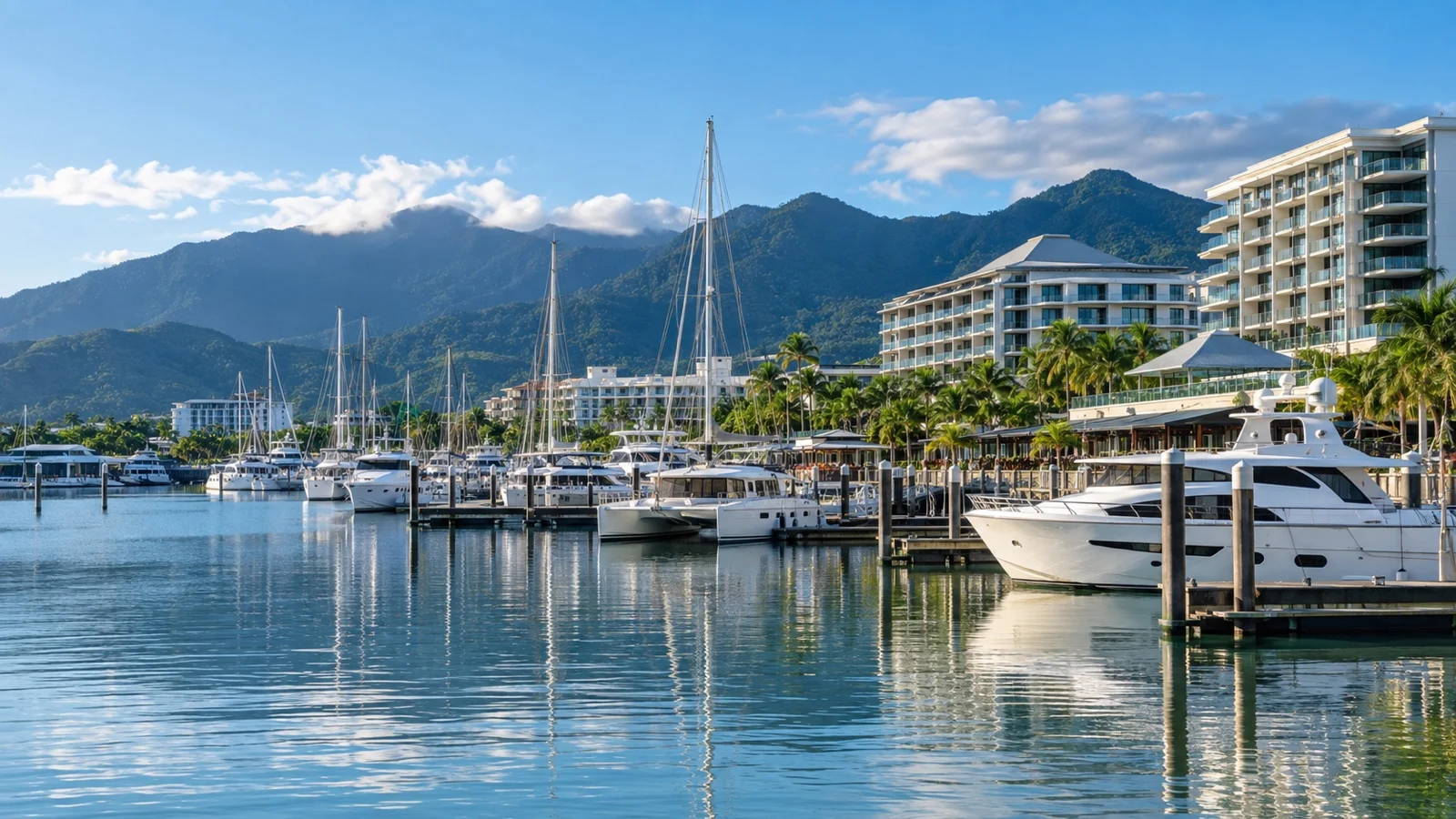 Cairns marina with waterfront hotels, yachts and rainforest mountains beyond