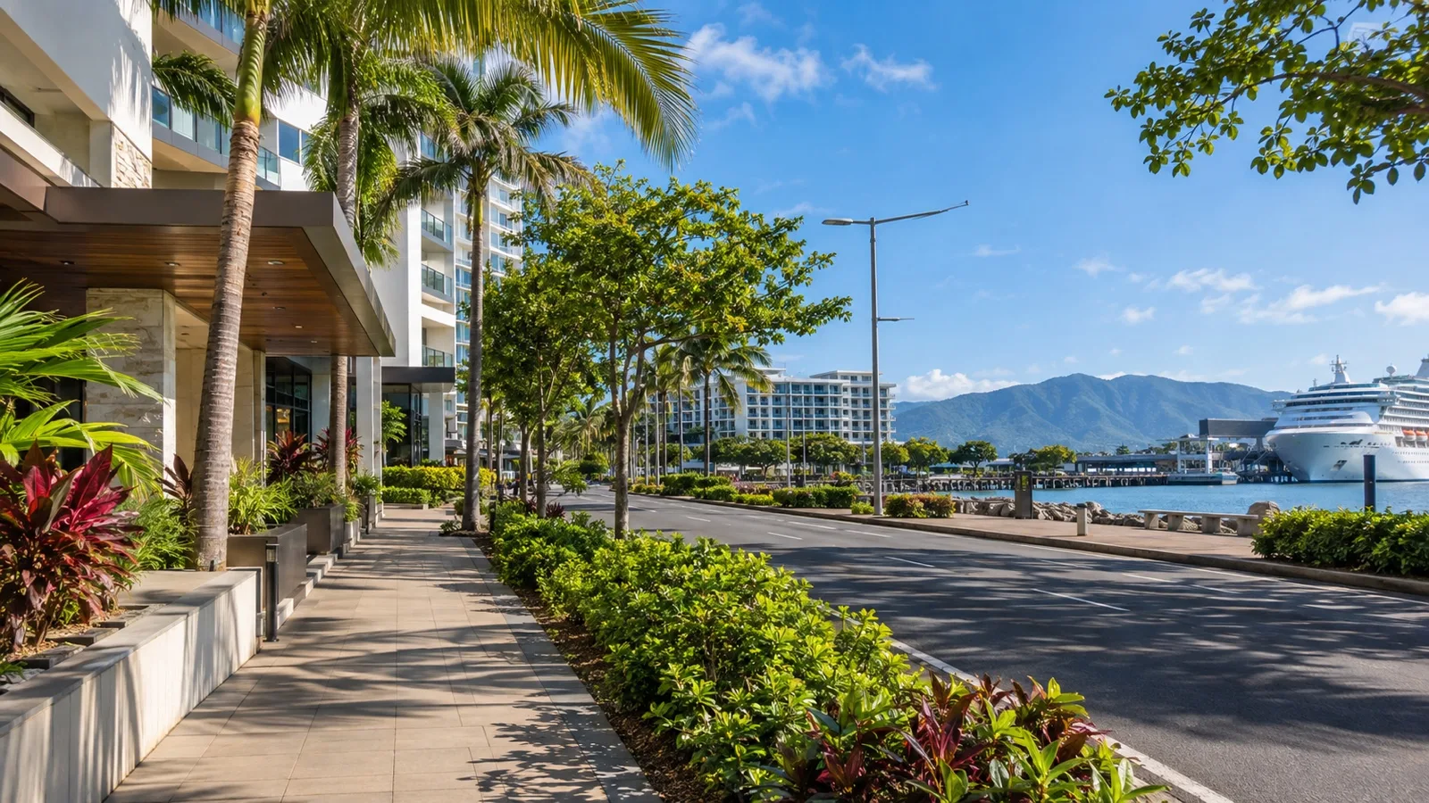 Wharf Street near Cairns cruise terminal with convenient city hotels and tropical streetscape