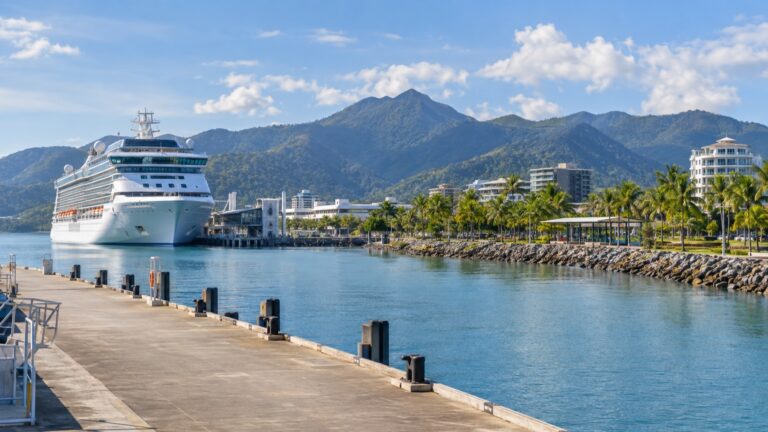 Cruise ship in Cairns harbor below tropical Queensland mountains
