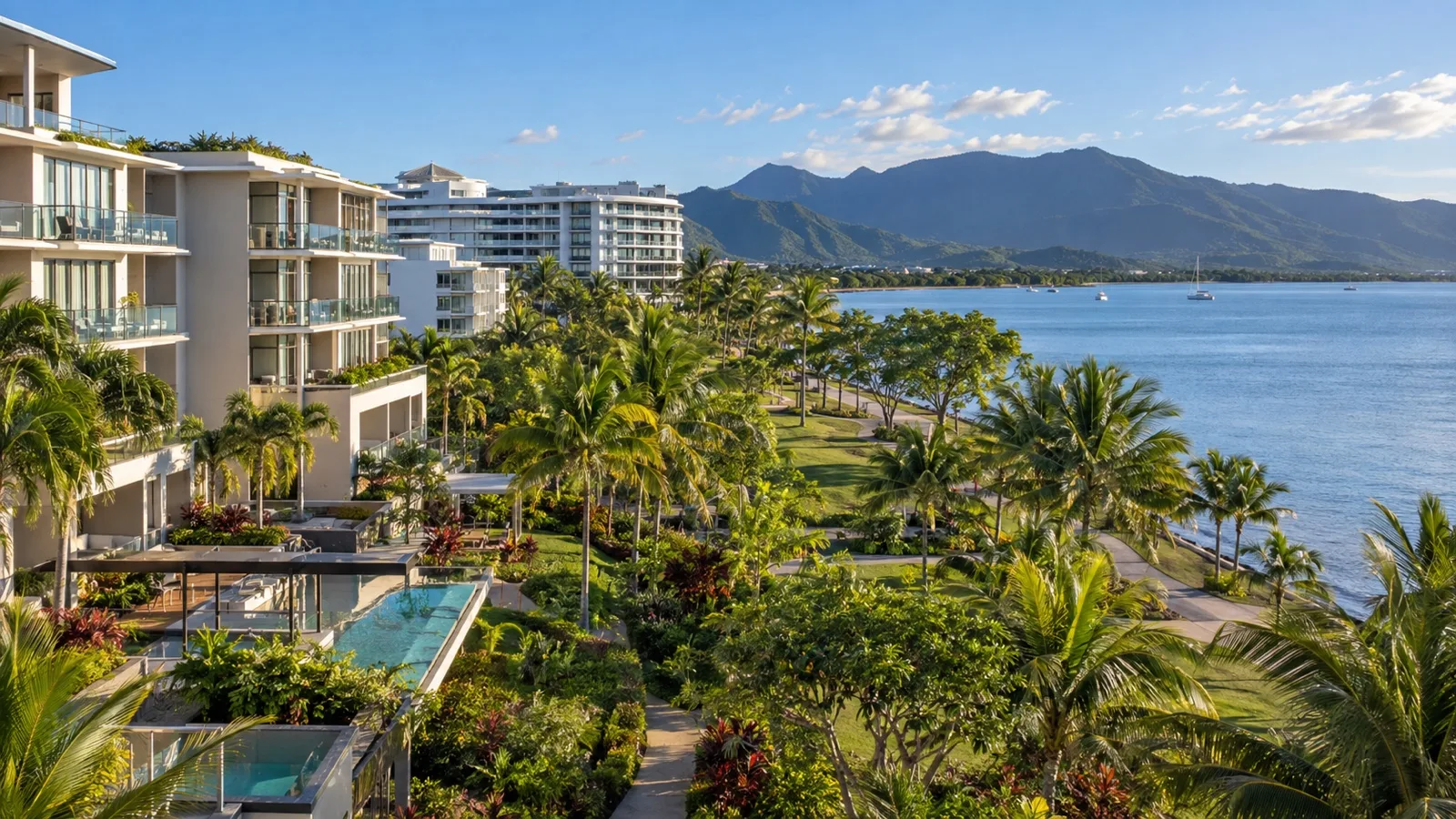 Northern Cairns Esplanade resort hotel buildings with tropical gardens and coastal views