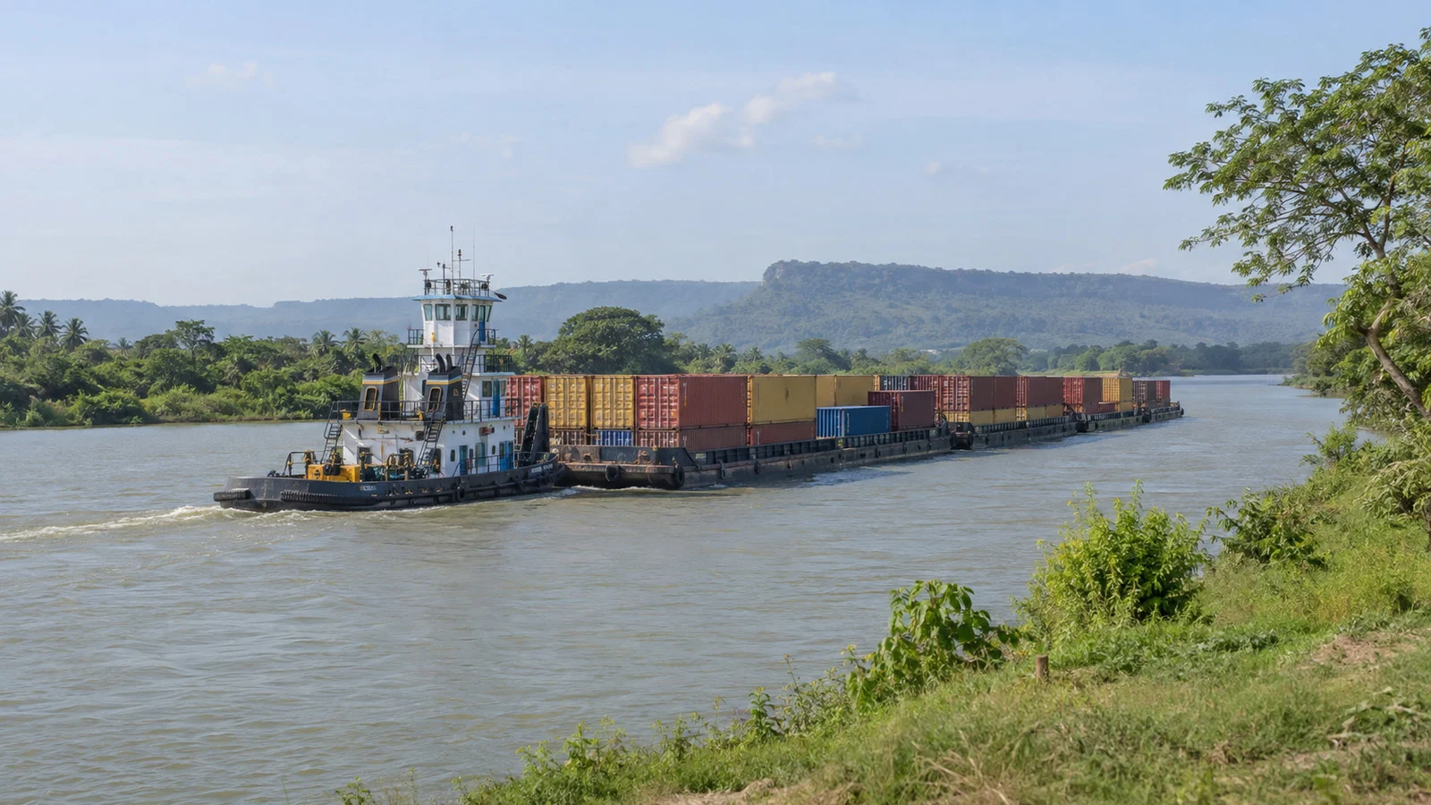 River tug pushing container barges along the Canal del Dique
