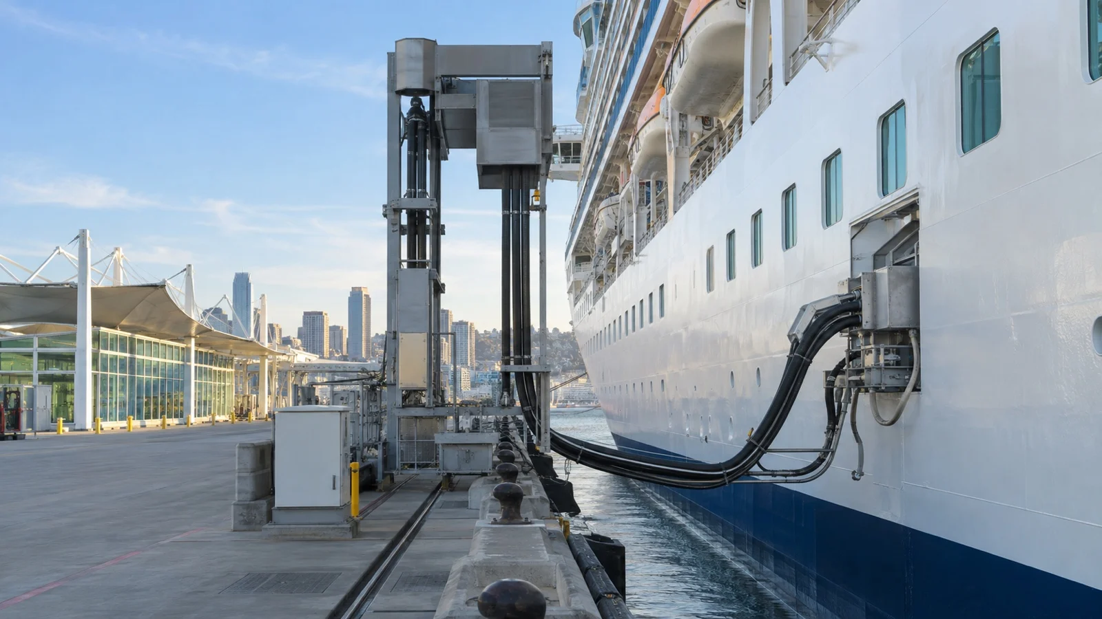 Cruise ship plugged into shore power at California cruise terminal