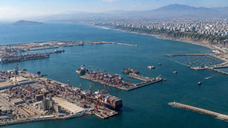 Aerial view of Callao harbor and the Lima coastline