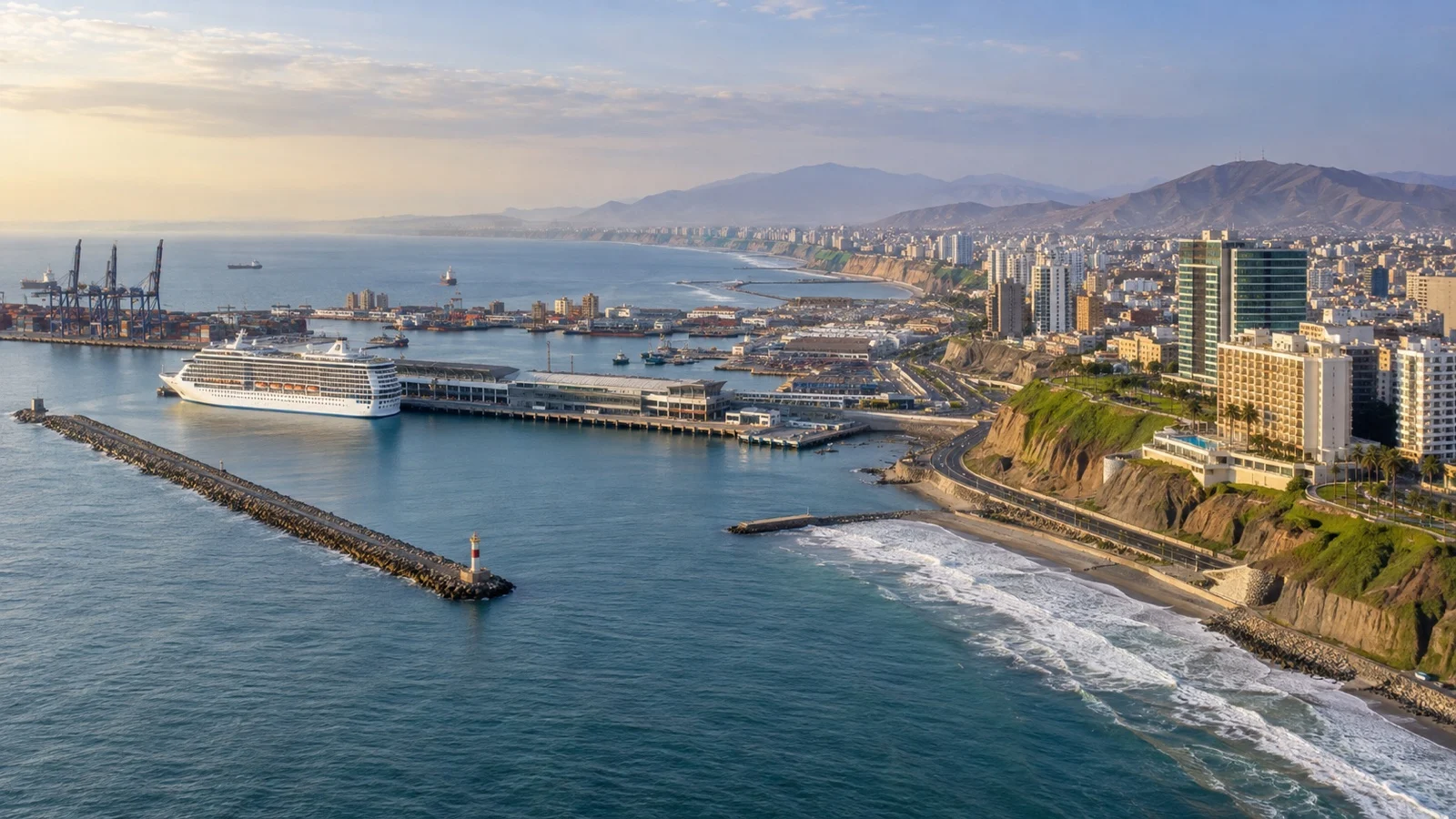 Callao cruise pier and Lima coastline seen from above