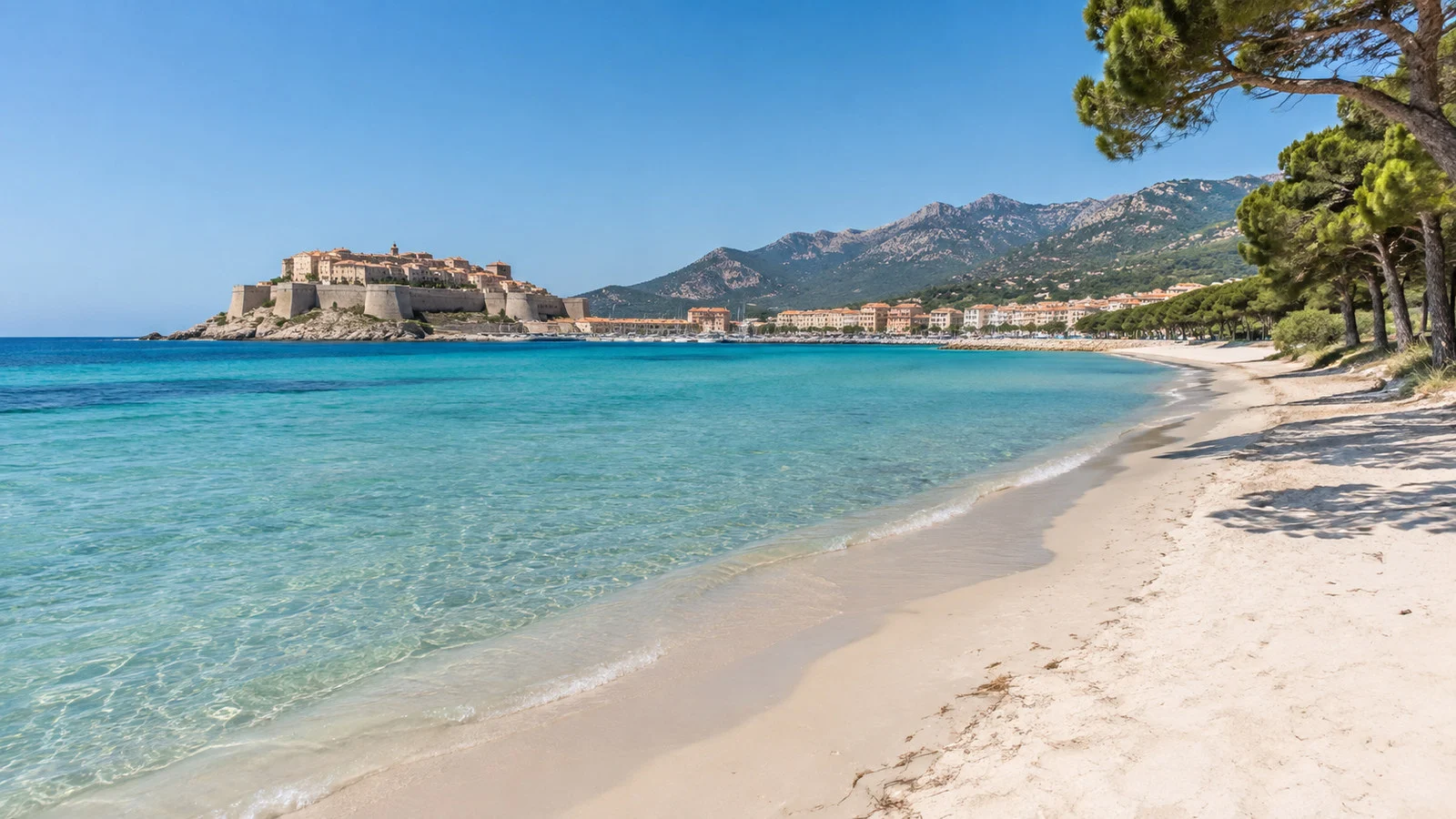 Calvi Beach Corsica long pale sand shoreline with clear Mediterranean water and pine trees, no people