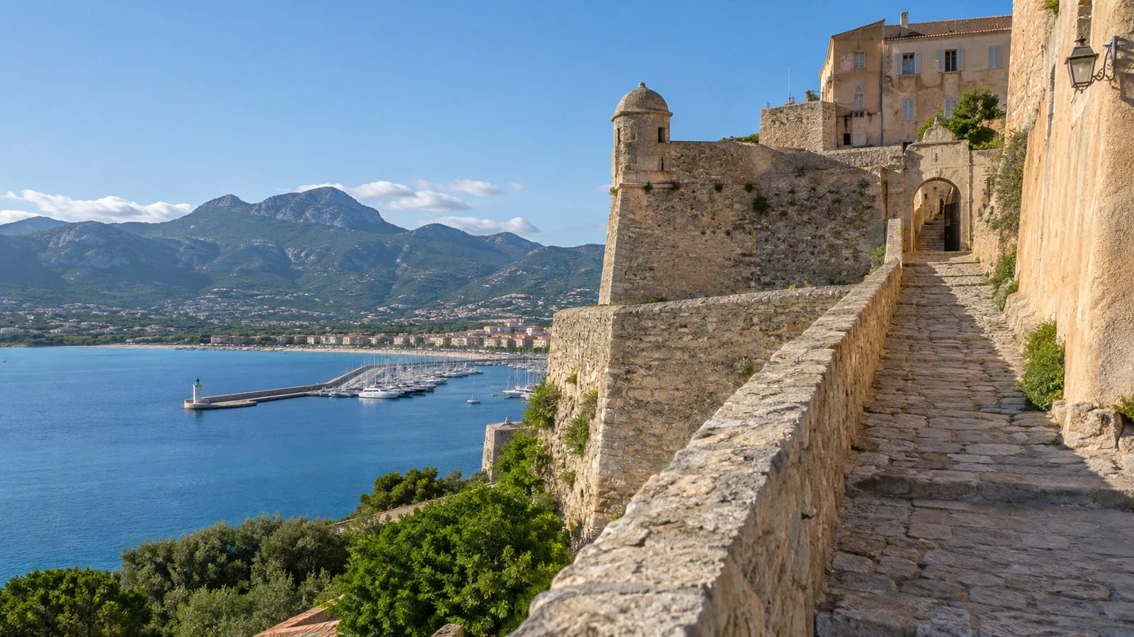Calvi Corsica citadel stone ramparts and narrow ascending lane overlooking bay, no people
