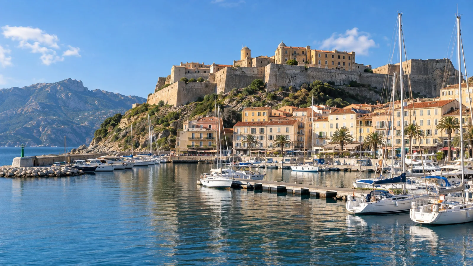 Calvi marina and lower town Corsica with sailboats and citadel above, no people