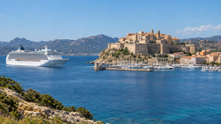 Cruise ship anchored in Calvi Bay Corsica France with citadel above marina and Mediterranean blue water, no people
