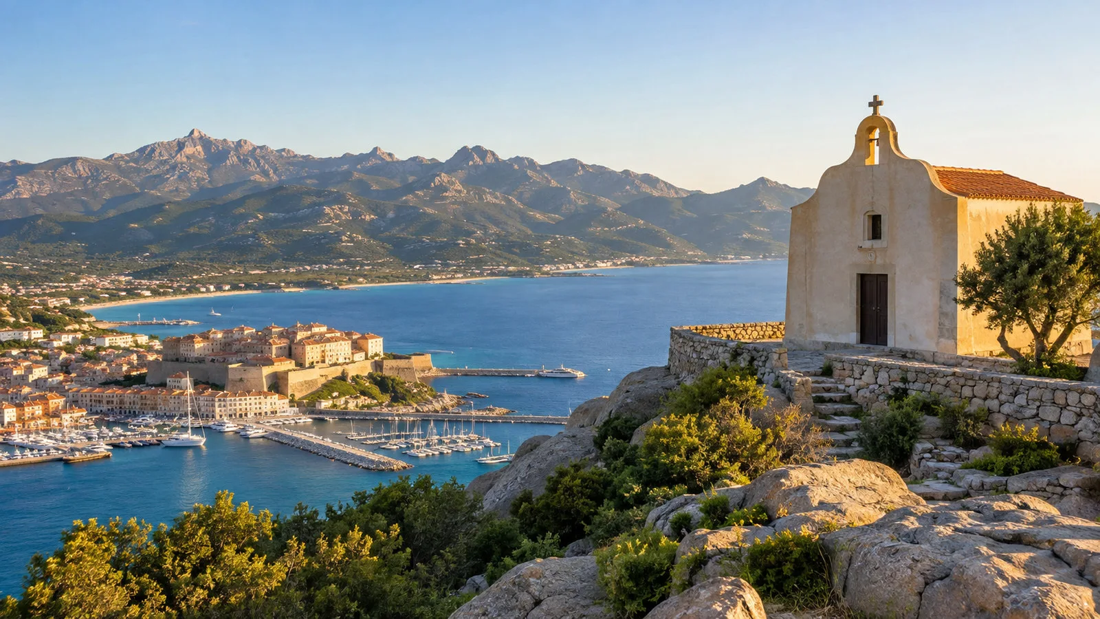 Notre-Dame de la Serra chapel viewpoint above Calvi Corsica overlooking mountains and sea, no people