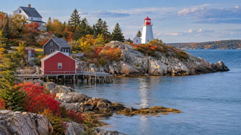 Atlantic Canadian coast with lighthouse and fall colors