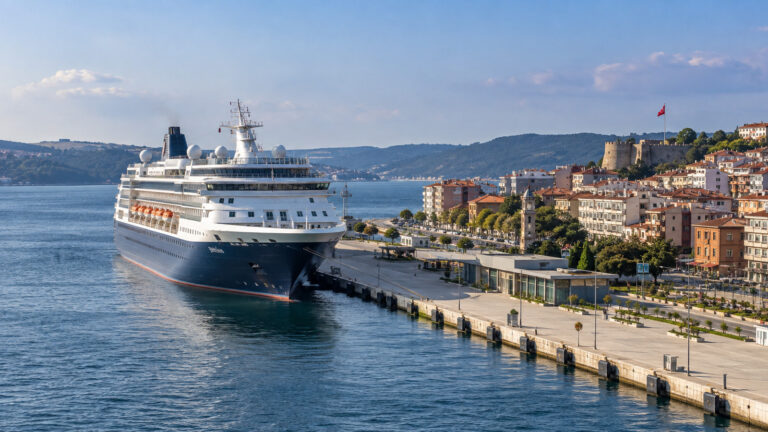 a sea cruise ship moored at Çanakkale on the Dardanelles with the city waterfront behind