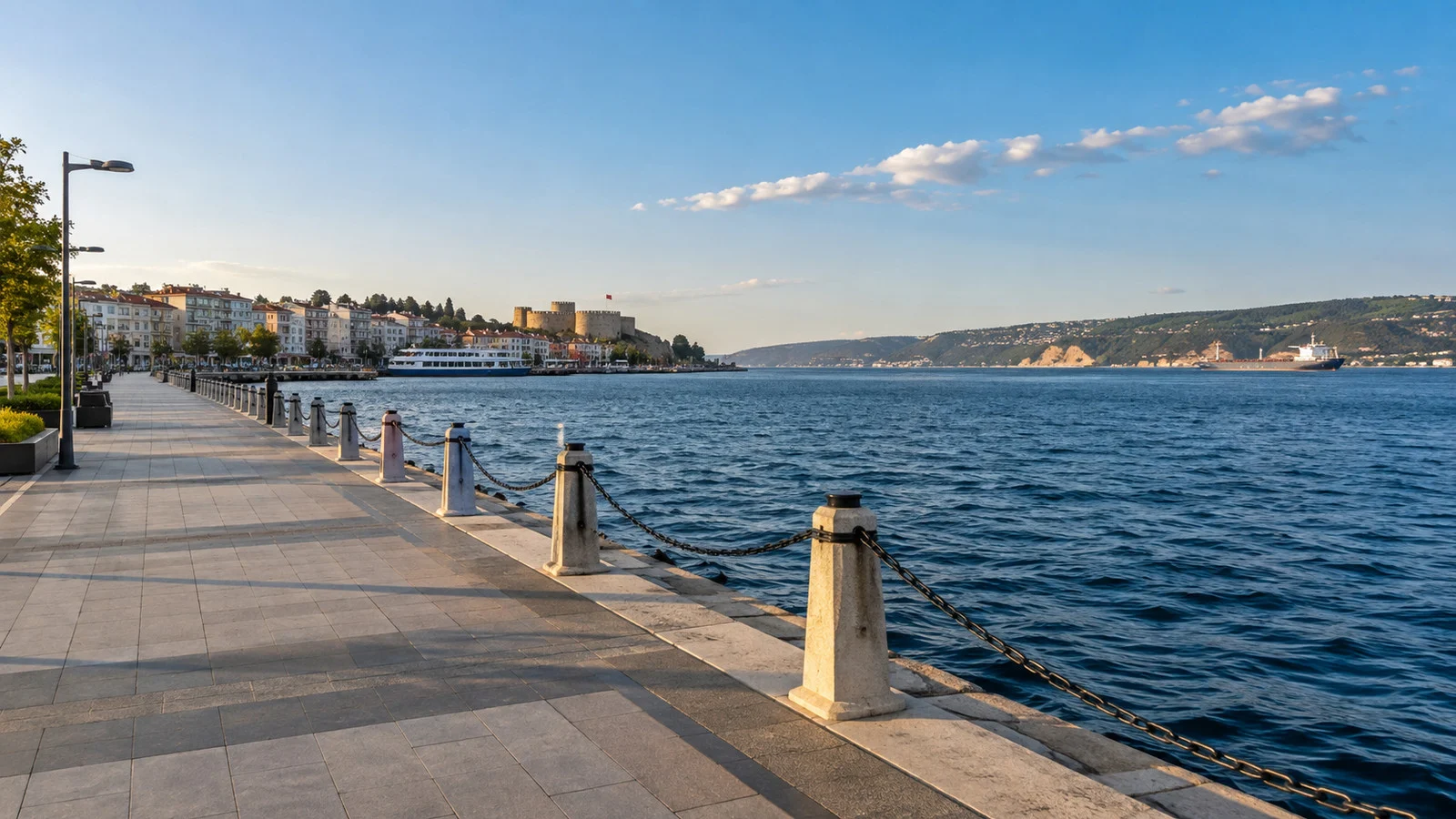 Çanakkale waterfront promenade and the Dardanelles strait with an empty seaside walkway