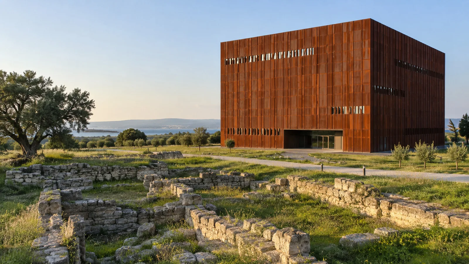 Rust-red Corten steel Troy Museum in its grassy archaeological setting