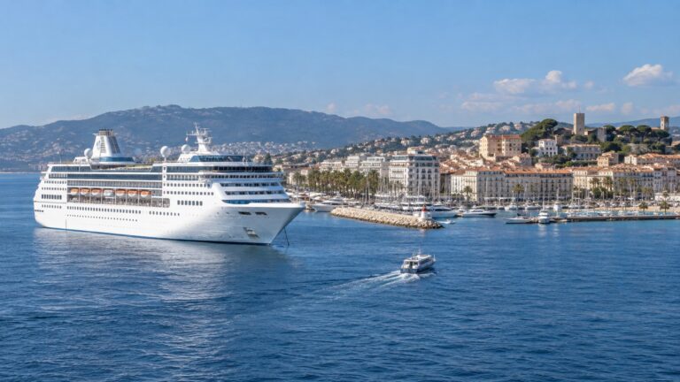 Cruise ship anchored offshore from Cannes as a tender heads toward Vieux Port