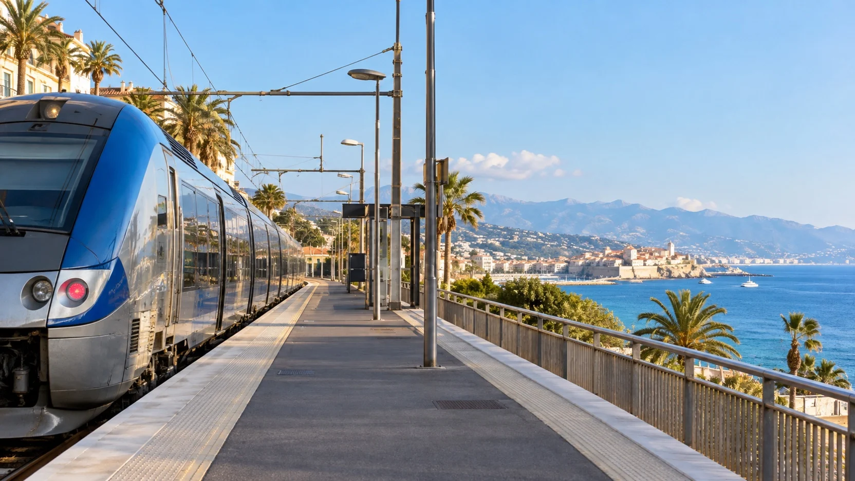 Regional train beside an empty Riviera platform near Cannes