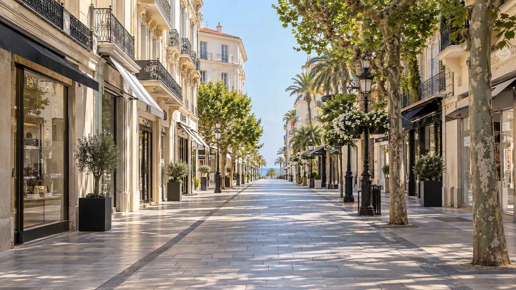 Empty sunlit Rue d’Antibes shopping street in Cannes