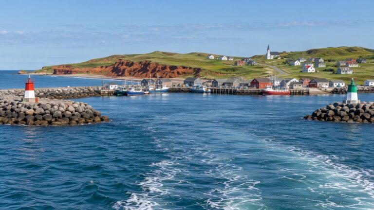 Tender boat approaching Cap-aux-Meules harbor in the Magdalen Islands