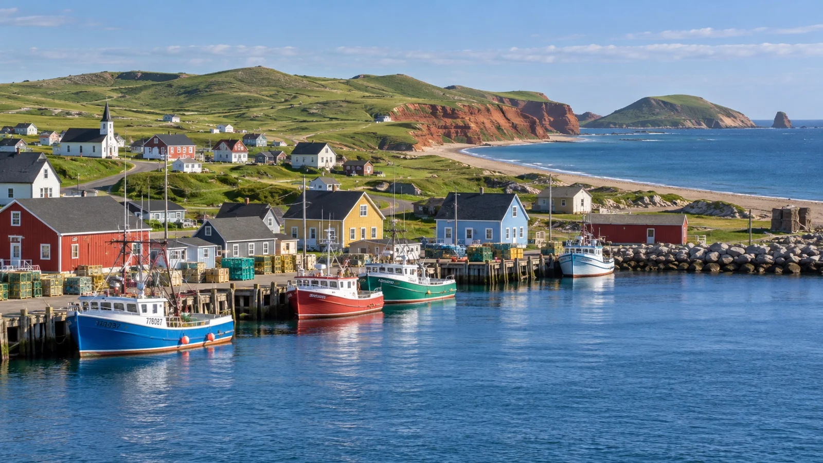 Colorful fishing village and boats at Cap-aux-Meules